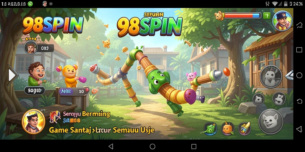 Tampilan gameplay 98SPIN yang ceria dan mengasyikkan.