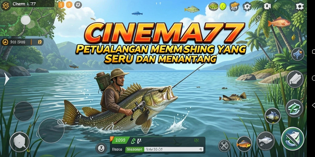 Tampilan gameplay CINEMA77 menunjukkan aksi seru memancing di berbagai lokasi.